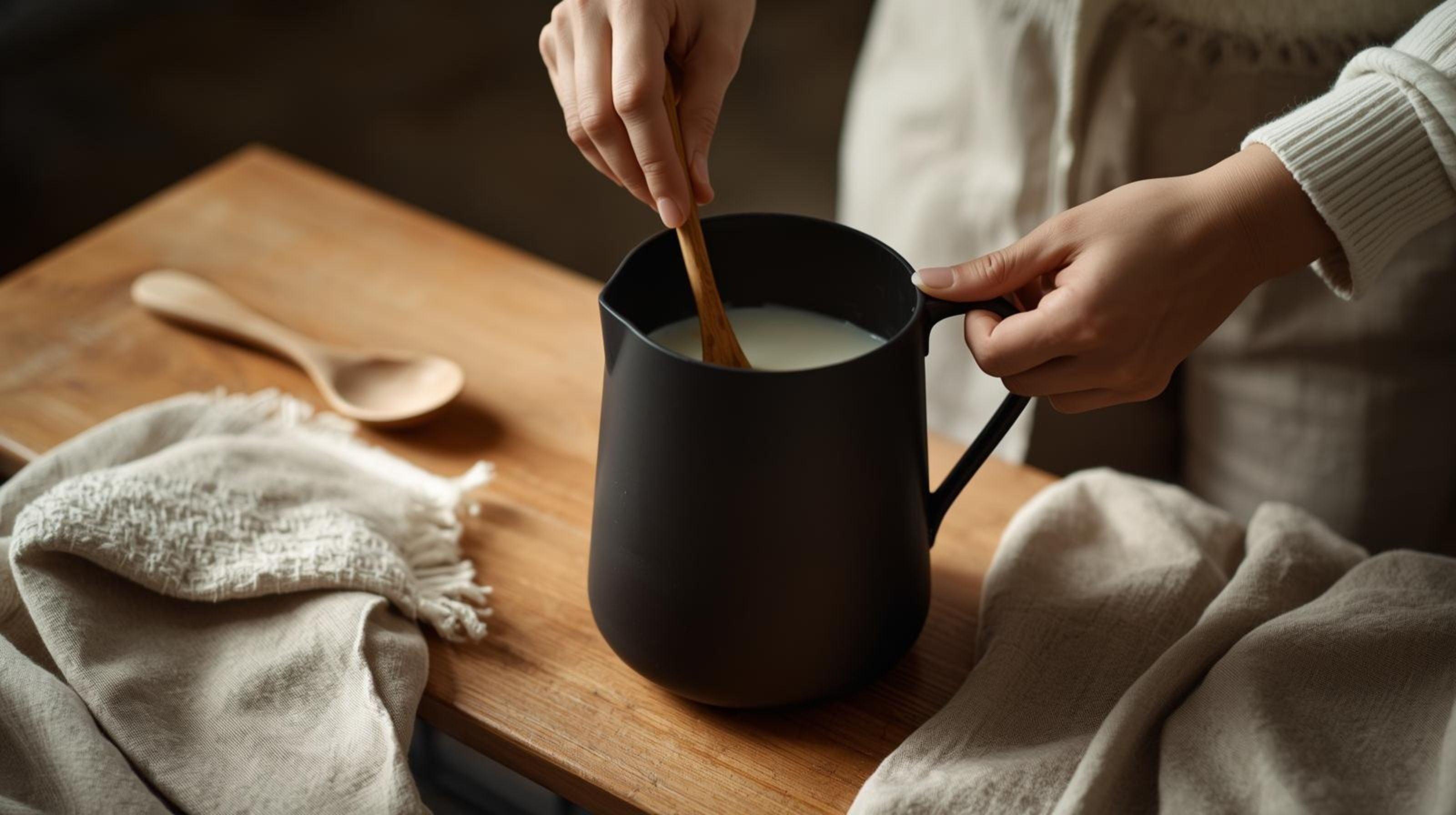 Person stirring a black pitcher filled with a melted candle wax on a wooden surface