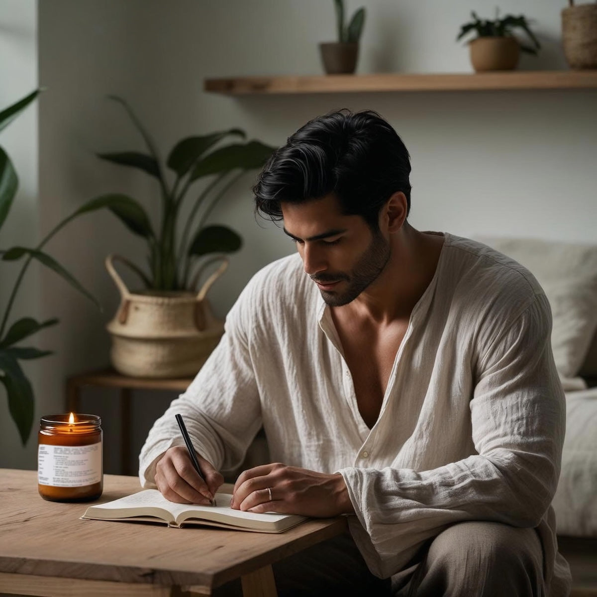 Man writing in a journal with a lit amber glass jar candle in the background