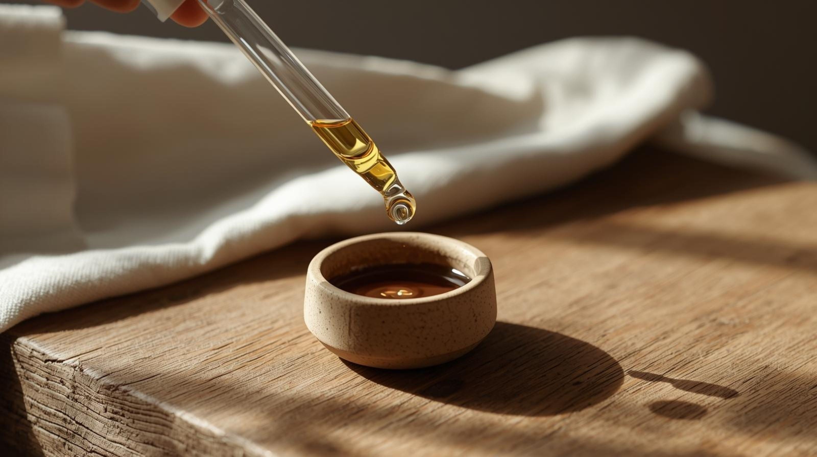 Dropper with yellow liquid being dripped into a small ceramic bowl on a wooden surface