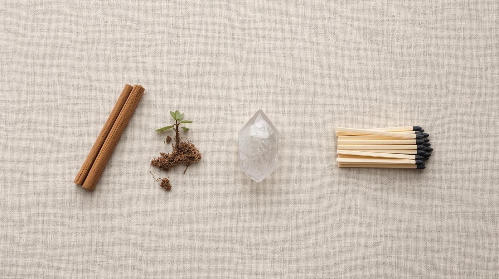 A curated flat lay of wellness infrastructure: candle-making components alongside a raw crystal and a green seedling