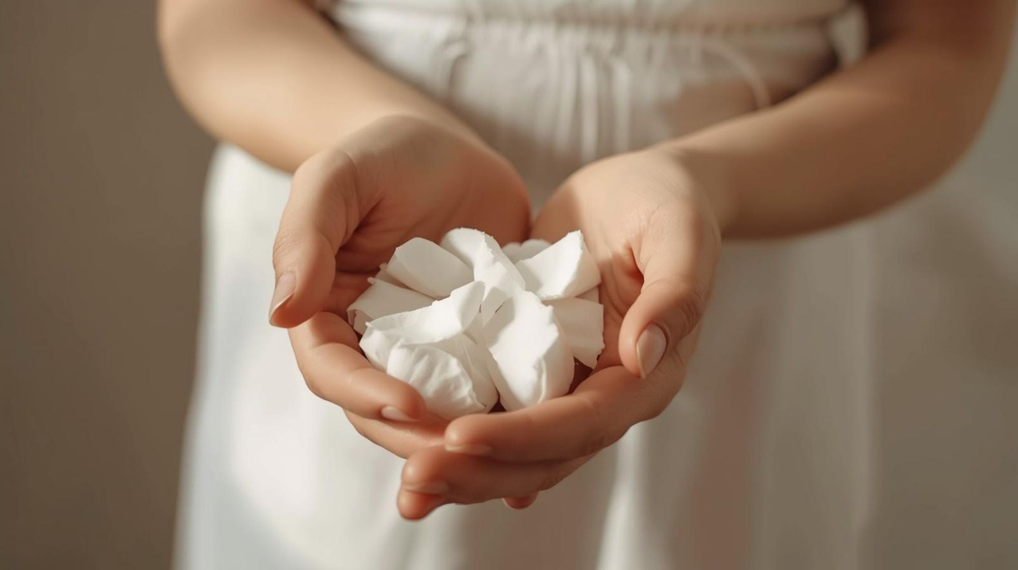 Two hands holding large chunks of coconut wax against a neutral background