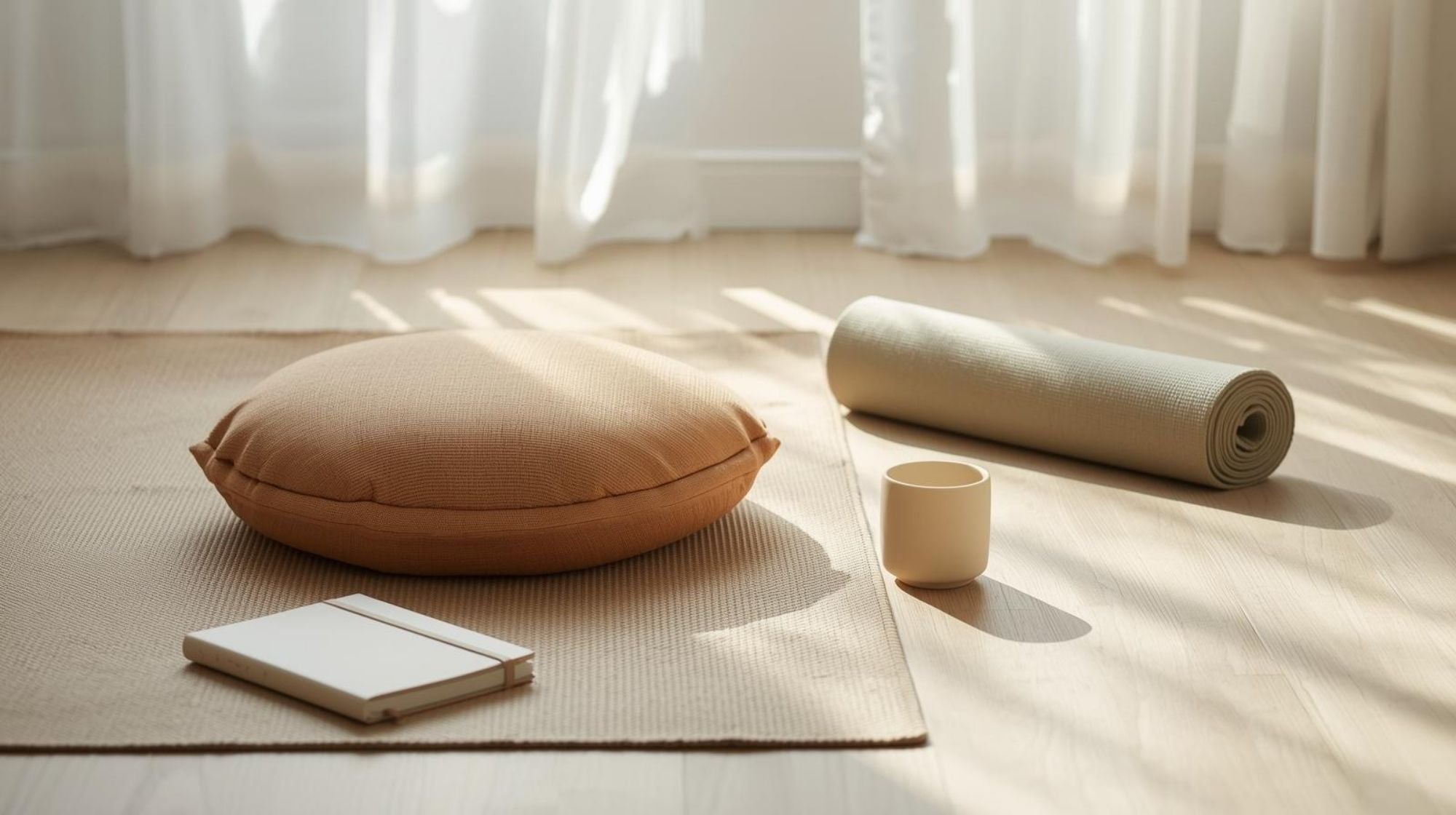 Brown meditation cushion on a yoga mat with a notebook in a softly lit room