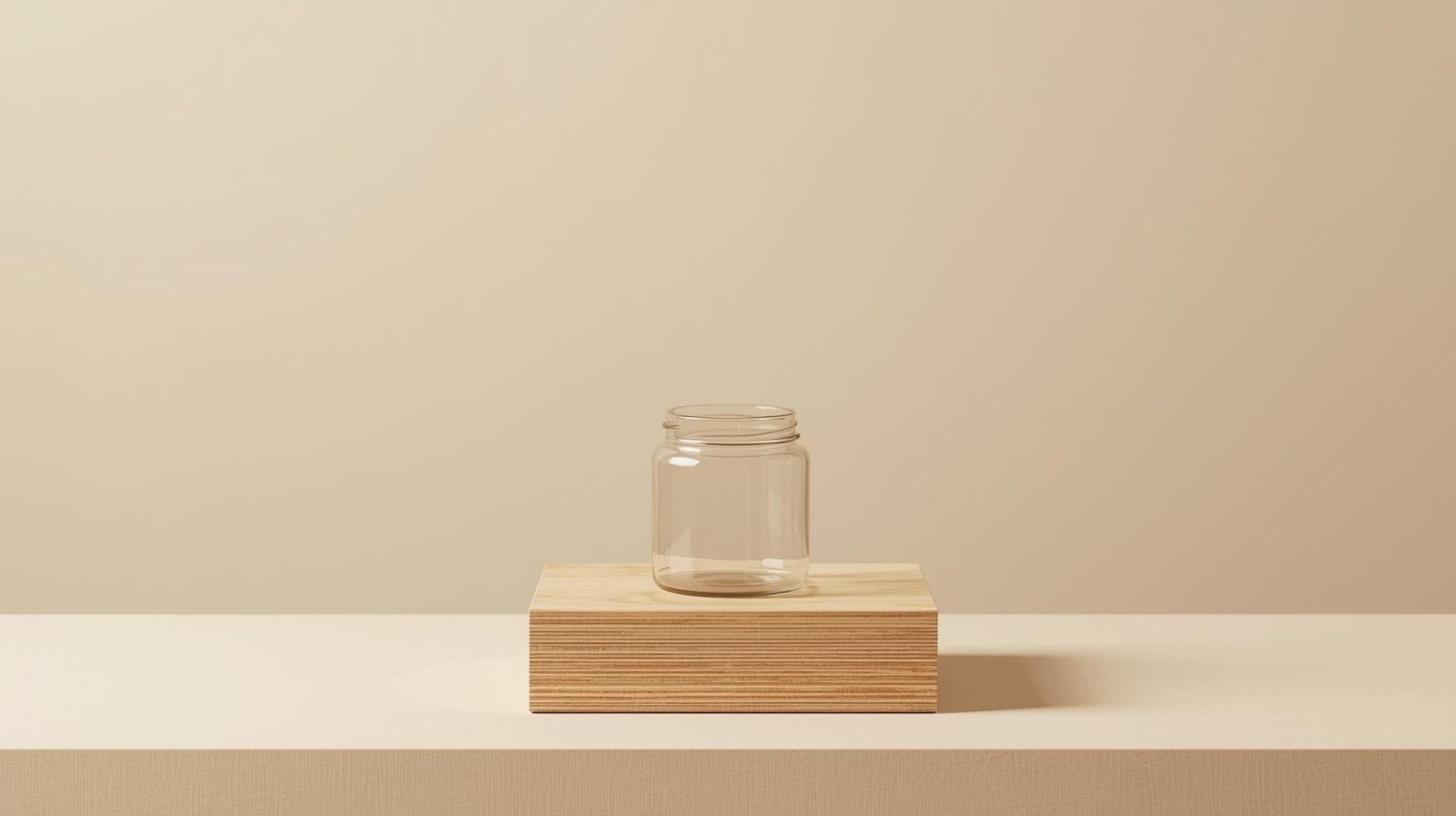 Clear glass jar on a wooden block against a beige background