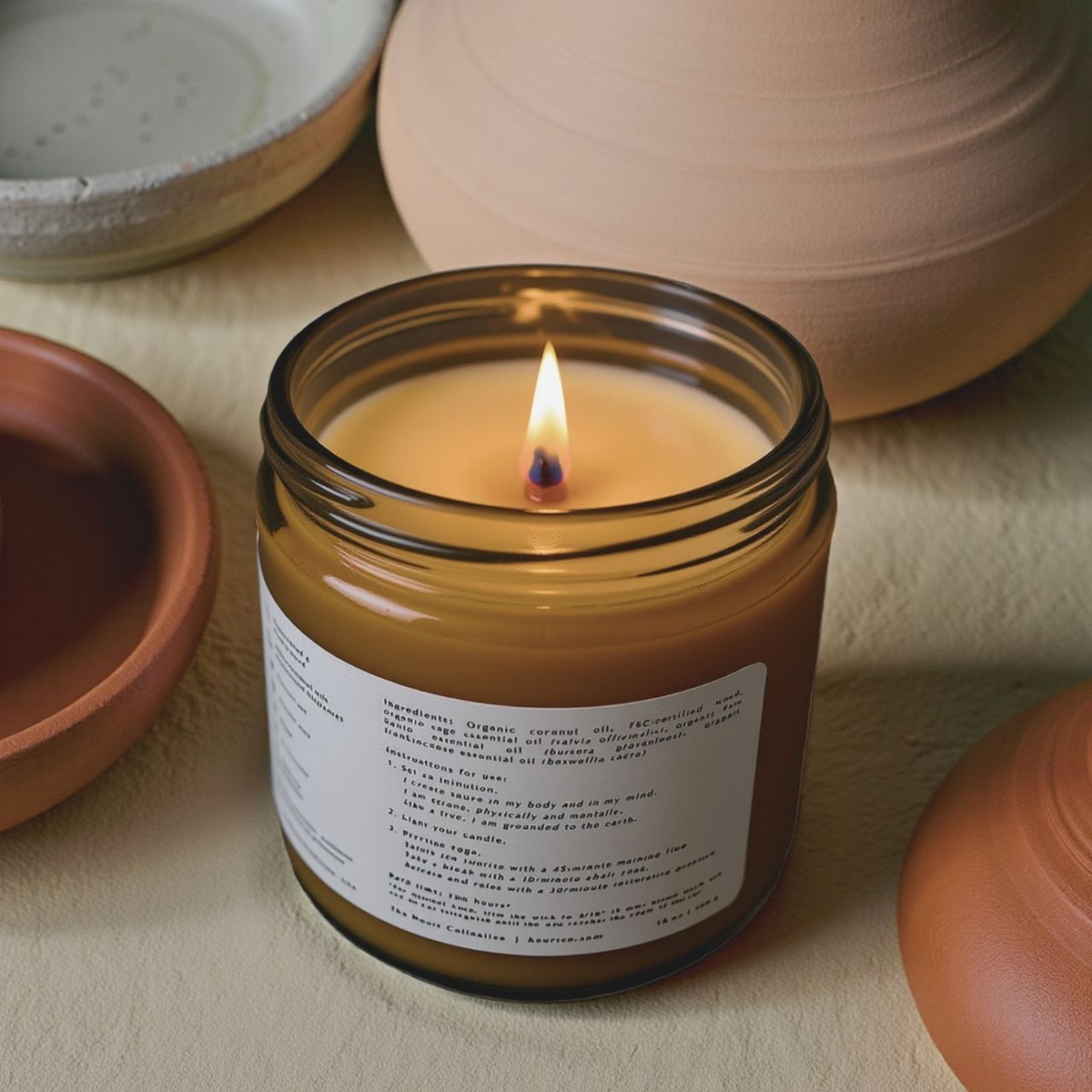 Wooden wick candle in an amber glass jar with a white wraparound label