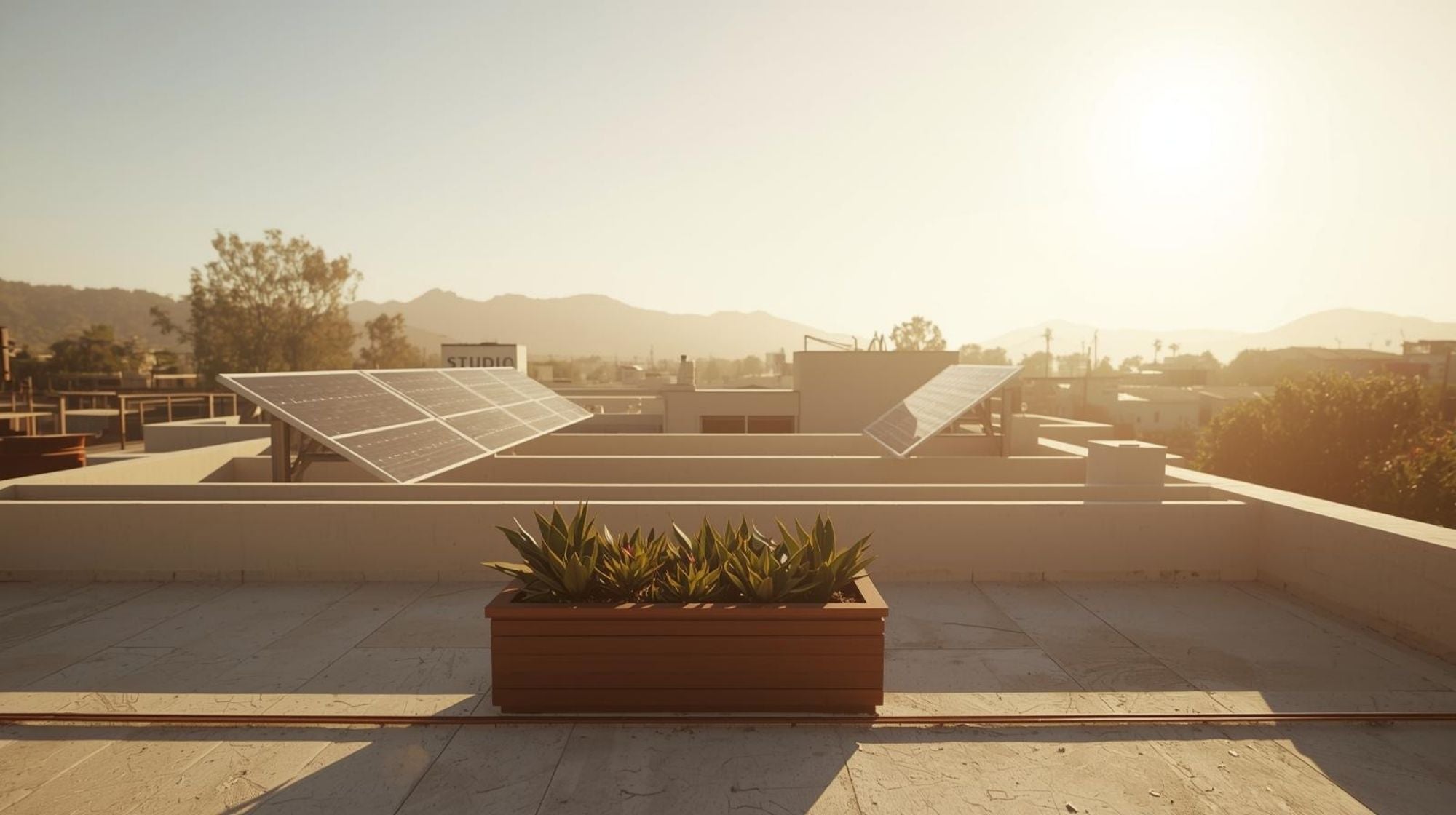 Solar panels on a rooftop with a planter box in the foreground