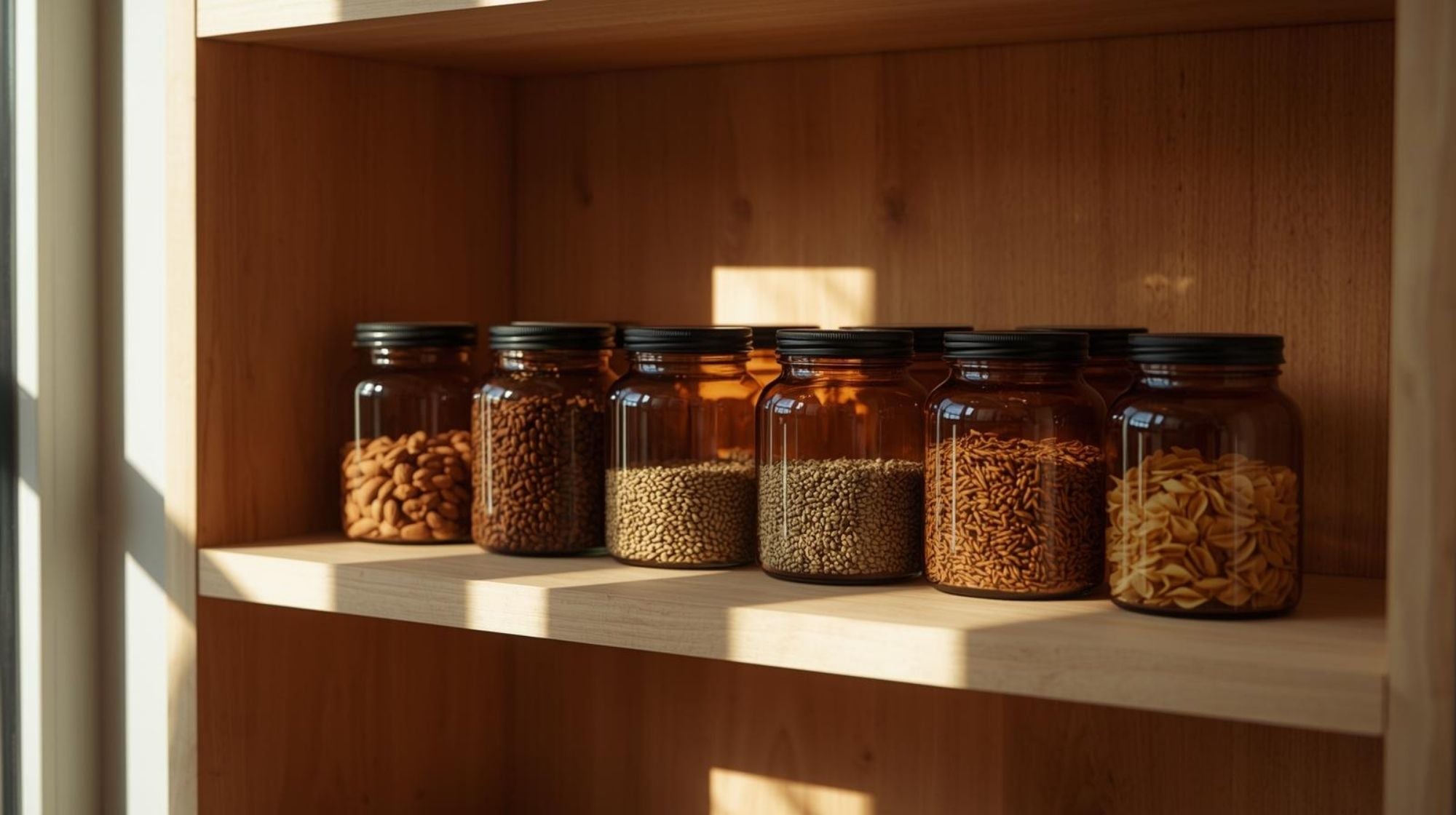 Row of amber glass jars with various nuts and seeds on a wooden shelf