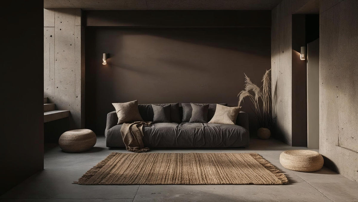 Tranquil living room sanctuary with a gray sofa, textured rug, and natural textiles