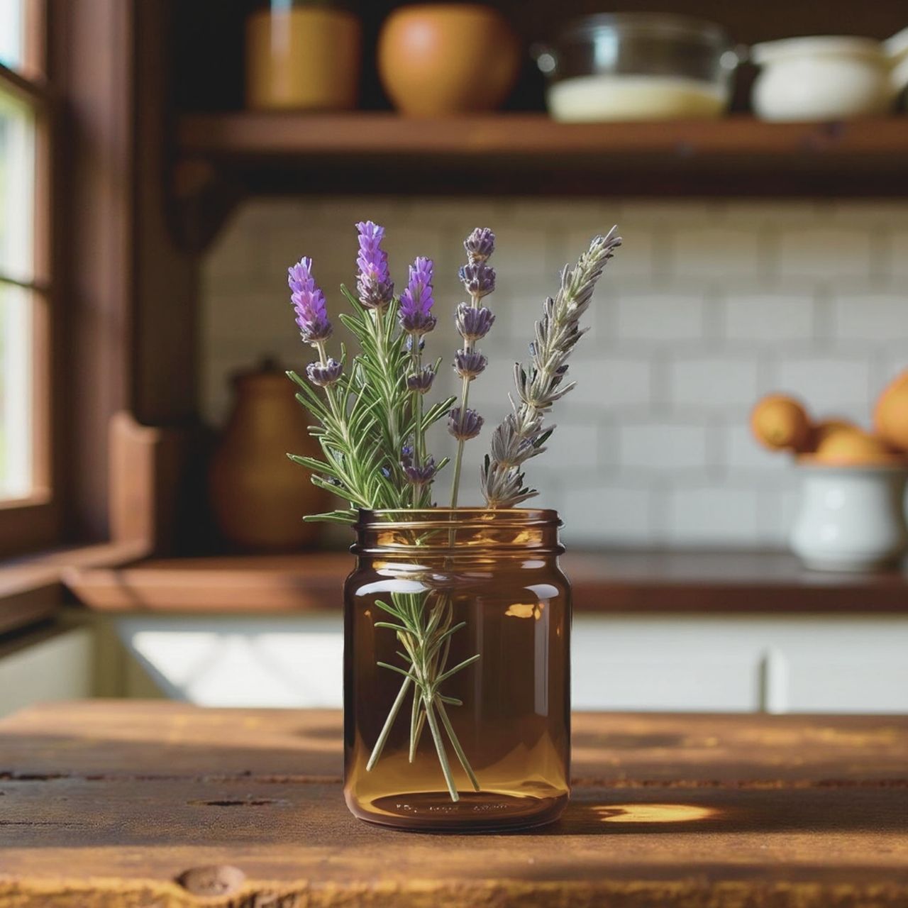 Amber glass jar with lavender flowers on a wooden surface in a kitchen setting
