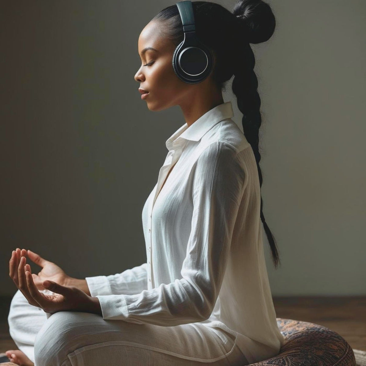 Woman meditating with headphones on, sitting on a meditation cushion